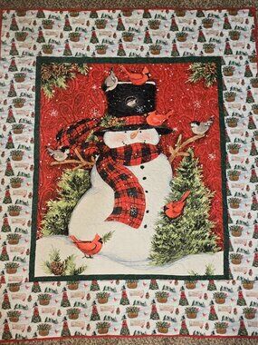 Handmade Snowman Christmas Quilt with Buffalo Plaid Fleece Throw, 47" x 57"